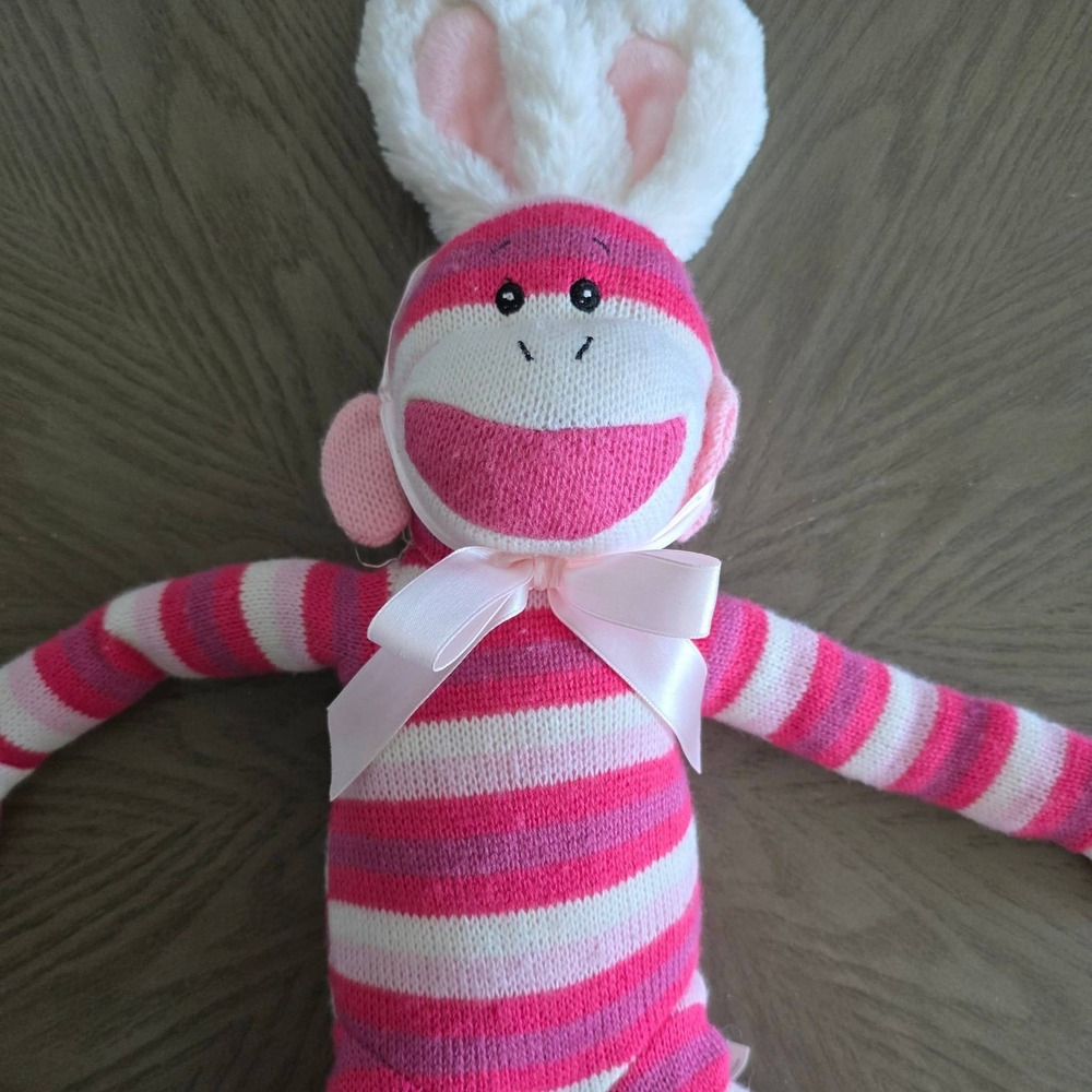 Ganz Heritage Collection Pink Striped Sock Monkey Bunny Ears Plush 21" Retired - Picture 2 of 8
